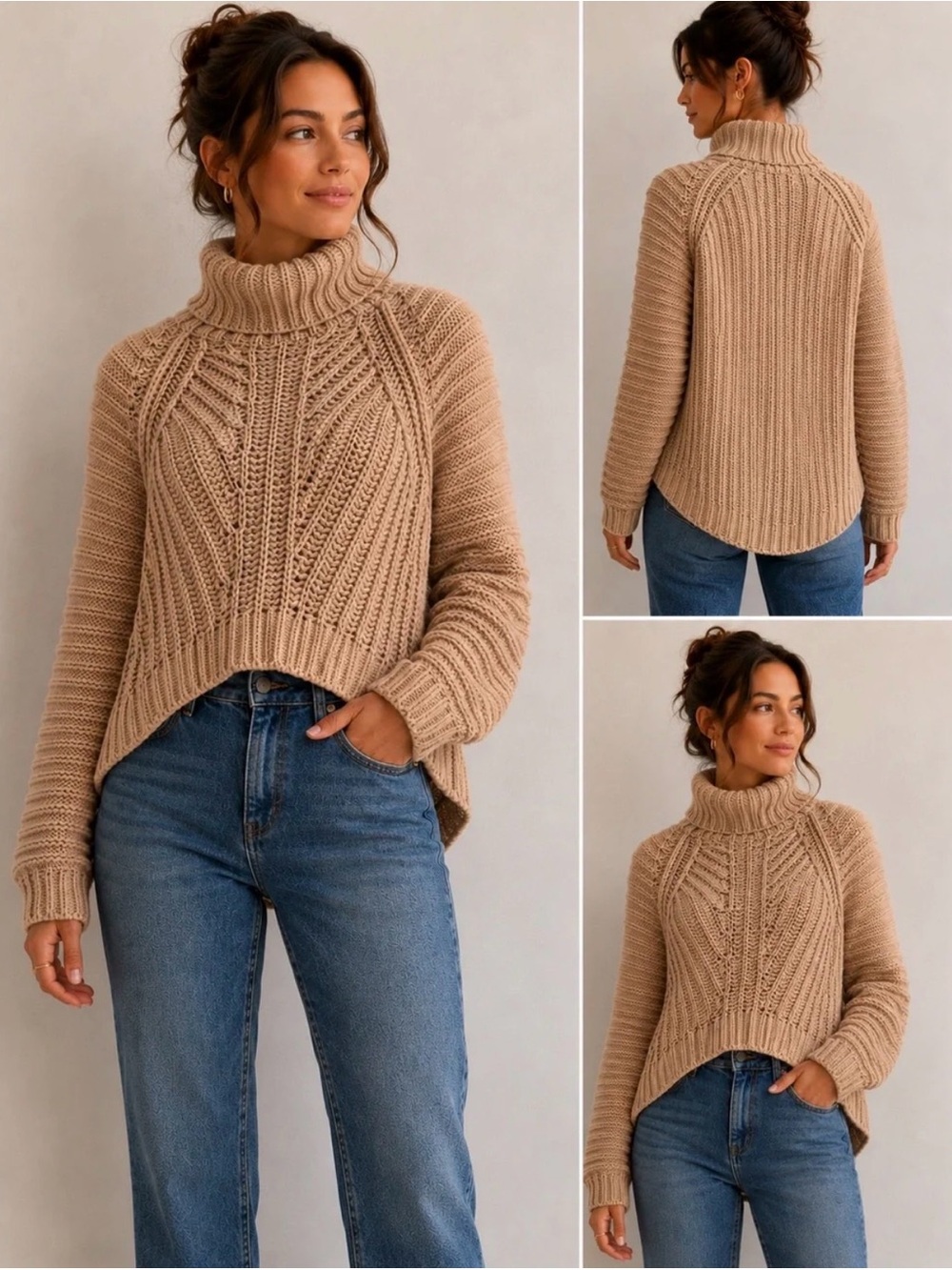 Free People Small Beige Chunky Knit Turtleneck High Low Sweater 100% Cotton Sz S